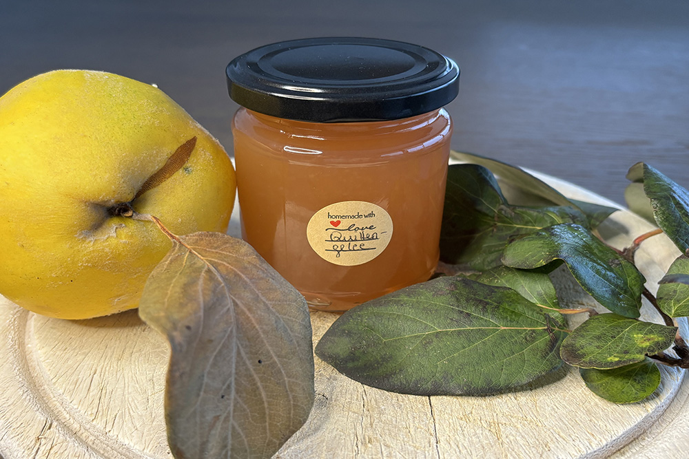 Glas mit Quittenmarmelade und einer Quittenfrucht
