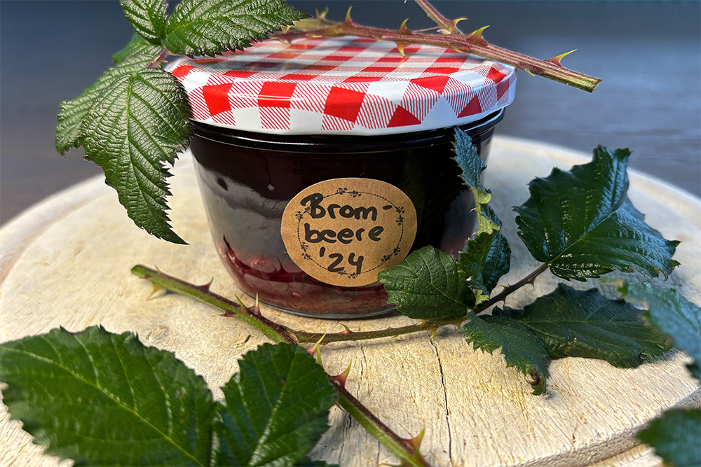 Glas mit Brombeermarmelade und Brombeerzweigen
